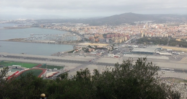 Gibraltar airport at Spanish border viewed from Rock